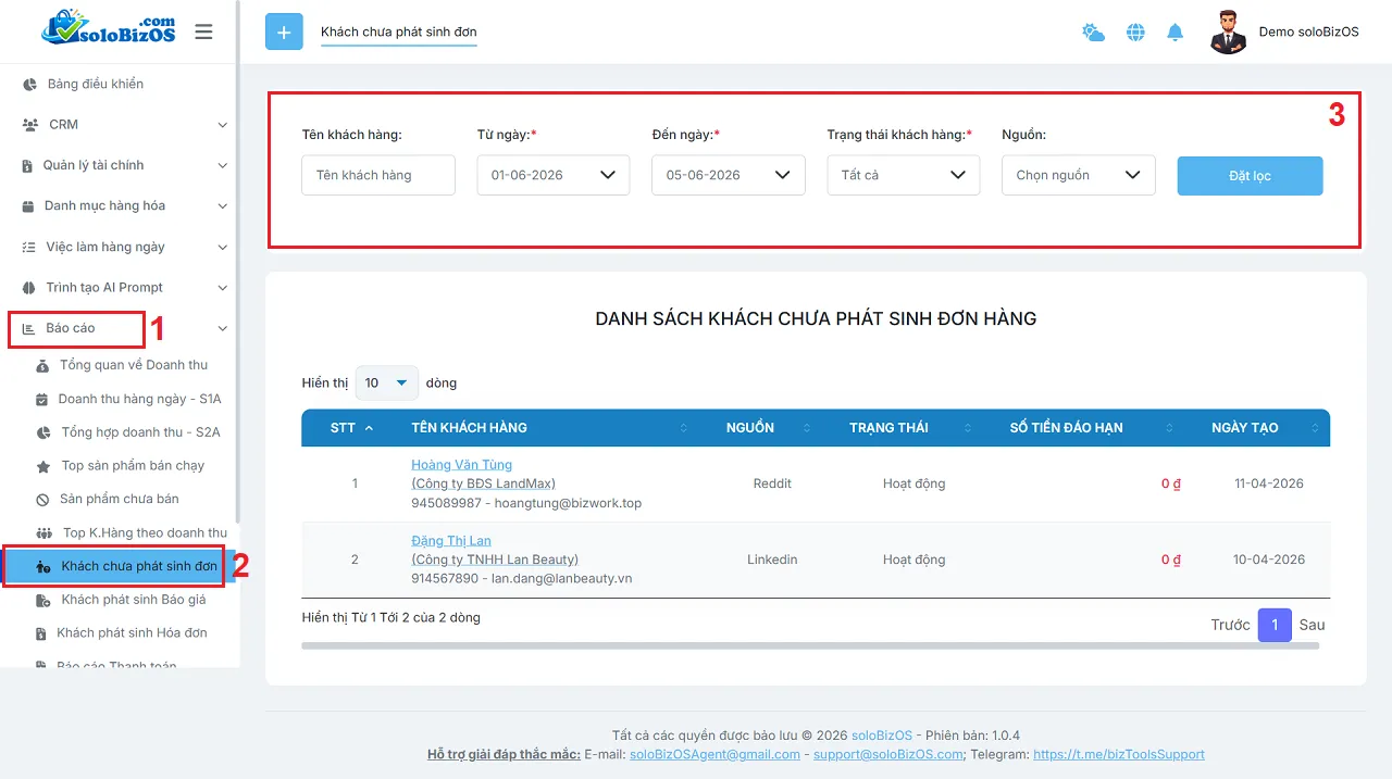 Danh sách Khách hàng chưa phát sinh doanh thu